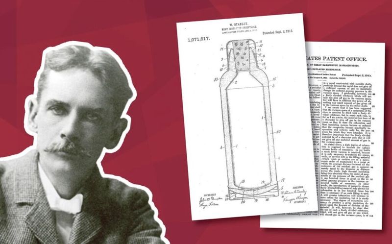 A black-and-white portrait of inventor William Stanley Jr. beside his 1913 vacuum bottle patent drawing